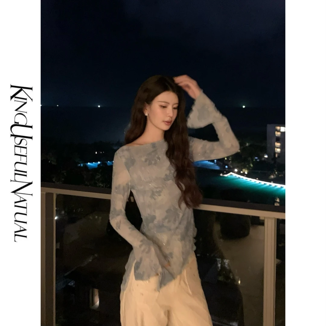 KUN【青花盏】欧若风新中式  印花烫钻一字领衬衫女设计感长袖上衣