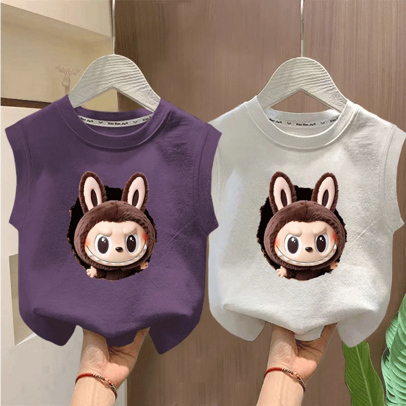 爆款卡通拉布布印花童装背心T恤男女纯棉中大童新款夏季百搭上衣t