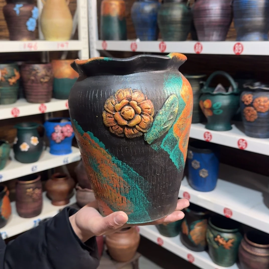 红陶红陶浮雕花盆炸炸炸