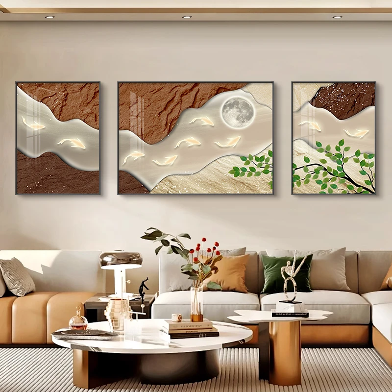 现代简约沙发背景墙挂画轻奢九鱼图客厅装饰画大气高级感三联壁画