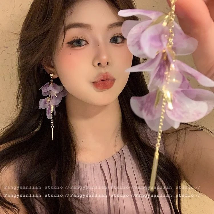 美丽轰鸣紫色网纱流苏花朵耳环女气质长款耳坠耳钉独特夸张耳饰