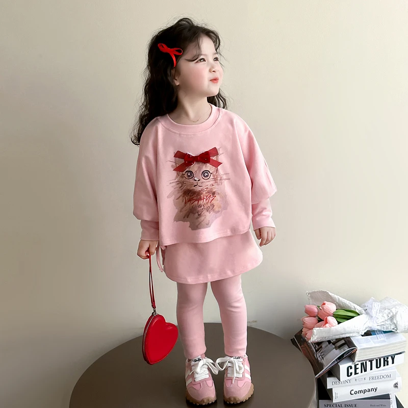 女童休闲套装2025新款儿童春秋装韩版洋气女宝宝时髦猫咪两件套潮