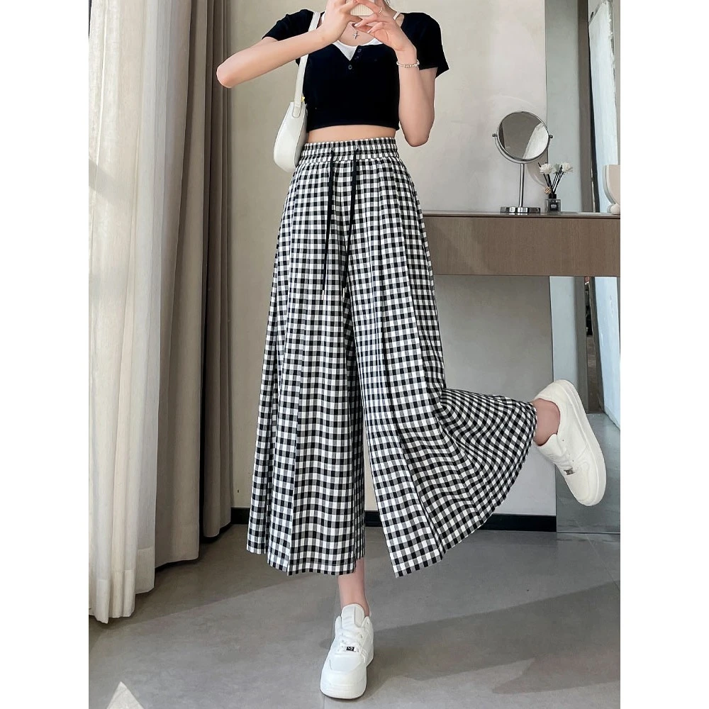 黑白格子阔腿裤裙女夏薄款2025新款高腰小个子中长款宽松冰丝裙裤