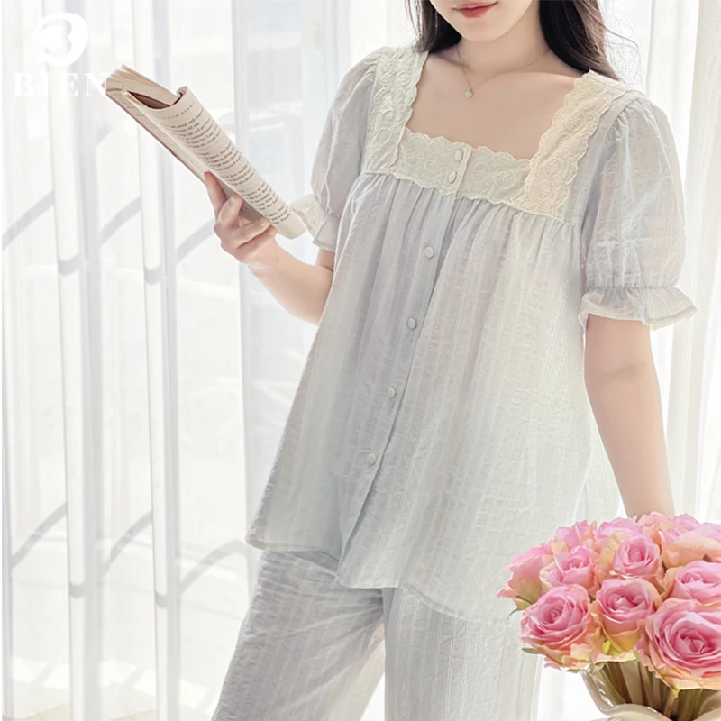 BIEN纯棉睡衣女春夏季2025新款方领短袖长裤家居服可外穿法式套装