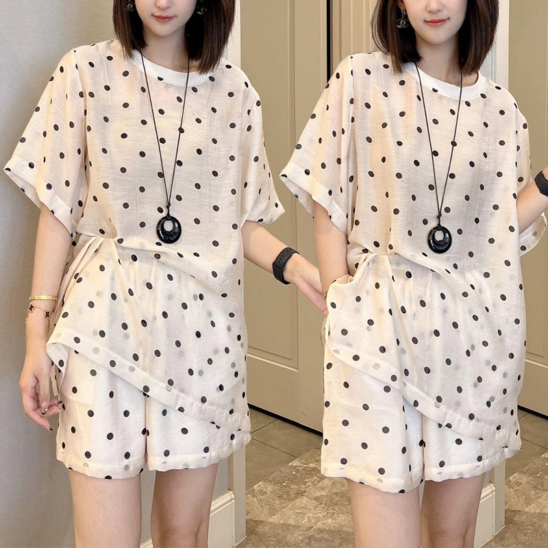 网红时尚潮流套装女2025夏季新款大码波点短袖t恤阔腿短裤两件套