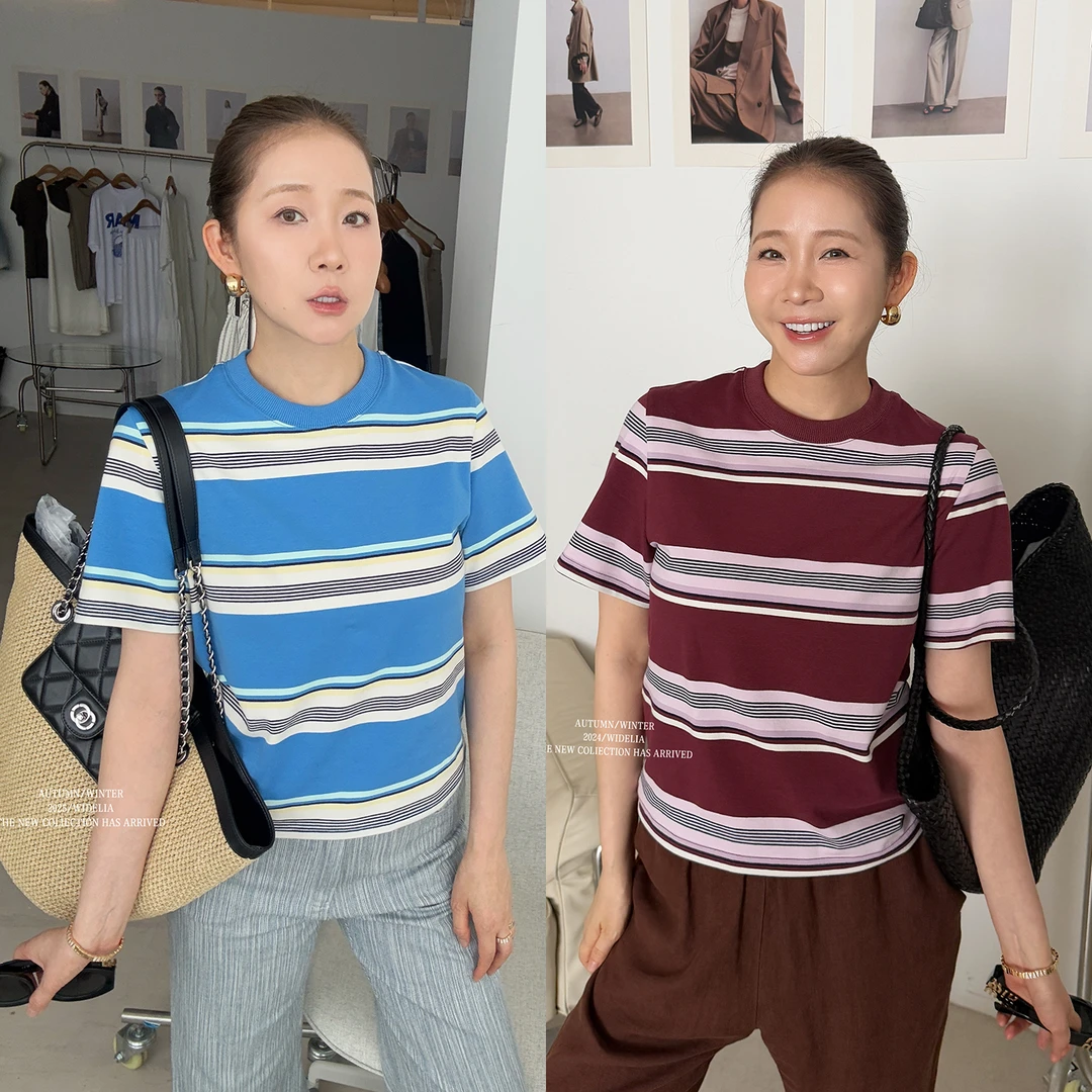 widelia陈姬儿夏季韩系学院风拼色条纹T恤女减龄显瘦短袖上衣7387
