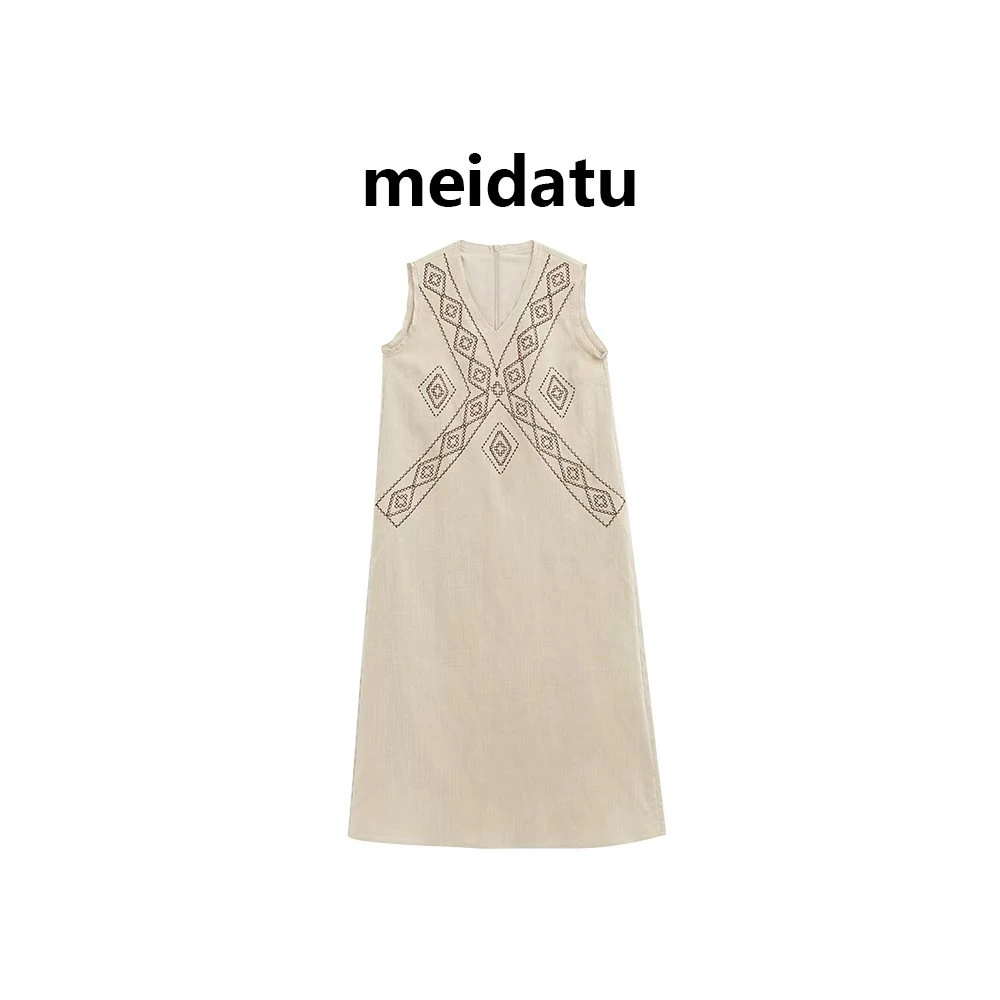 美哒兔(菱纹夏韵)气质无袖v领连衣裙(小个子版)CK2195-6