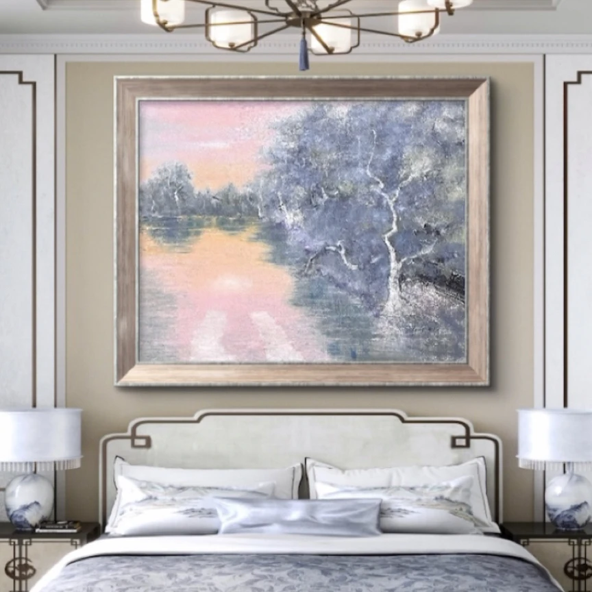 湖面树影手绘油画装饰画50x40