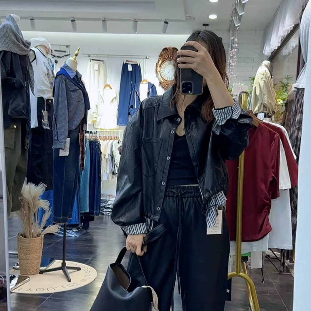 秋季新款假两件设计高档精致通勤风pu外套上衣夹克女减龄洋气百搭