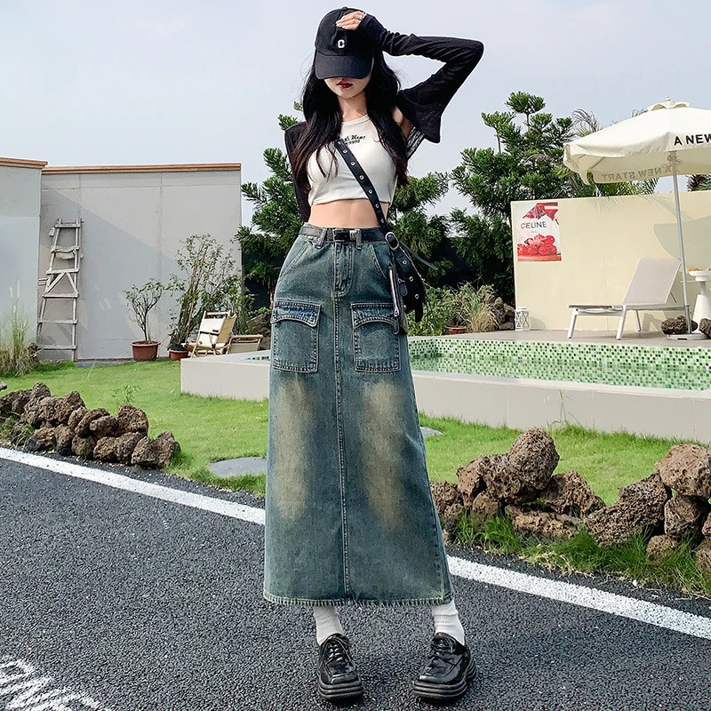 7726#复古蓝水洗高腰女牛仔裙2025春秋新款百搭梨形天菜开叉韩版