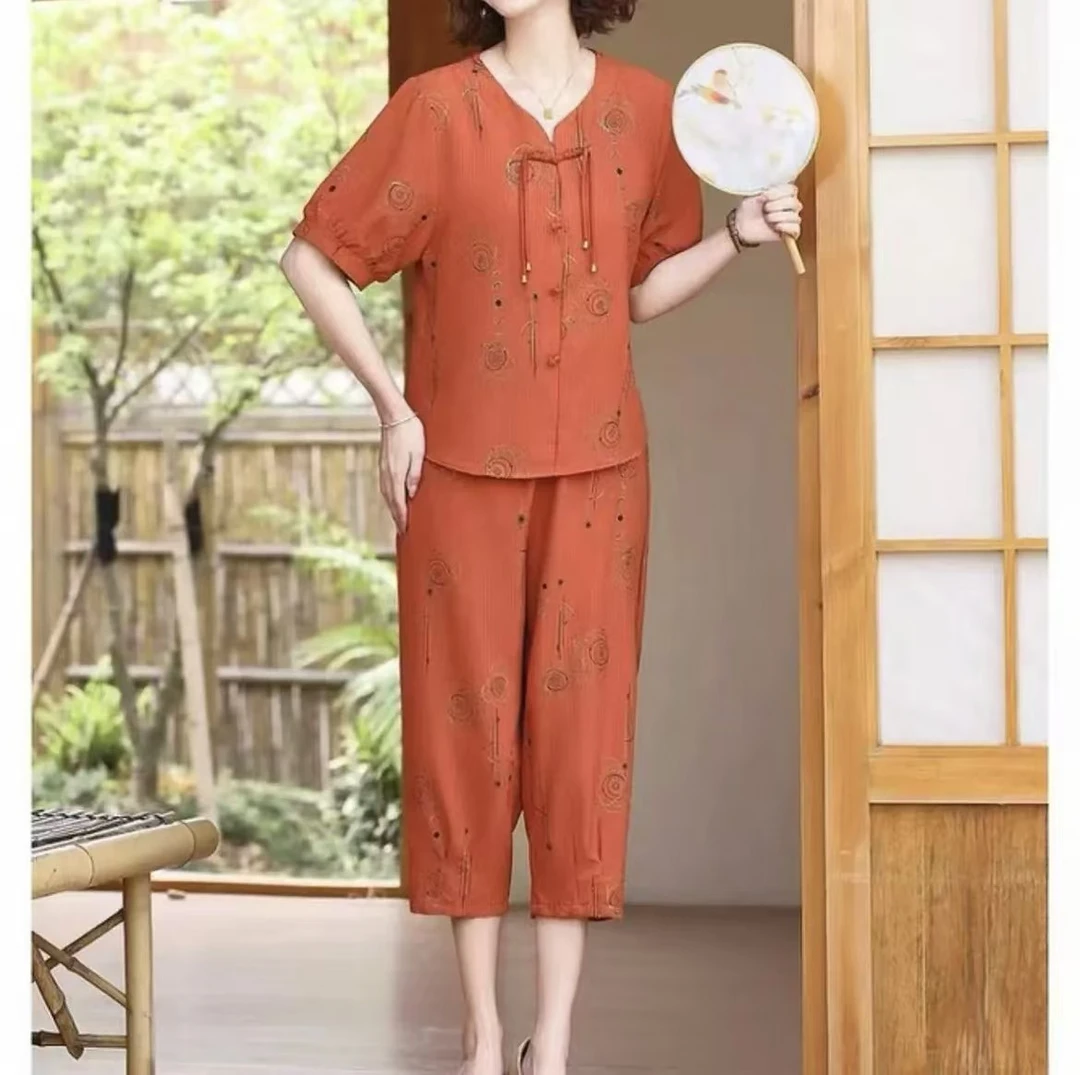 夏季新款时尚气质印花套装显瘦大码洋气妈妈装