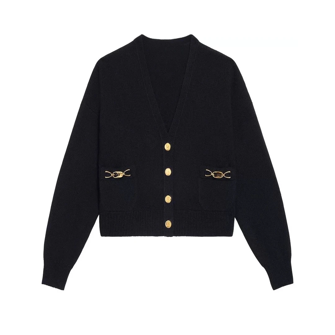 2025法式复古开衫针织早春黑金系列设计感V领气质长袖6573