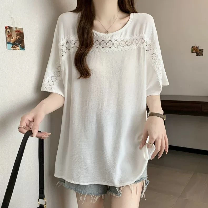 2025胖mm蕾丝镂空短袖雪纺衫女夏爆款大码宽松遮肚洋气慵懒T恤潮