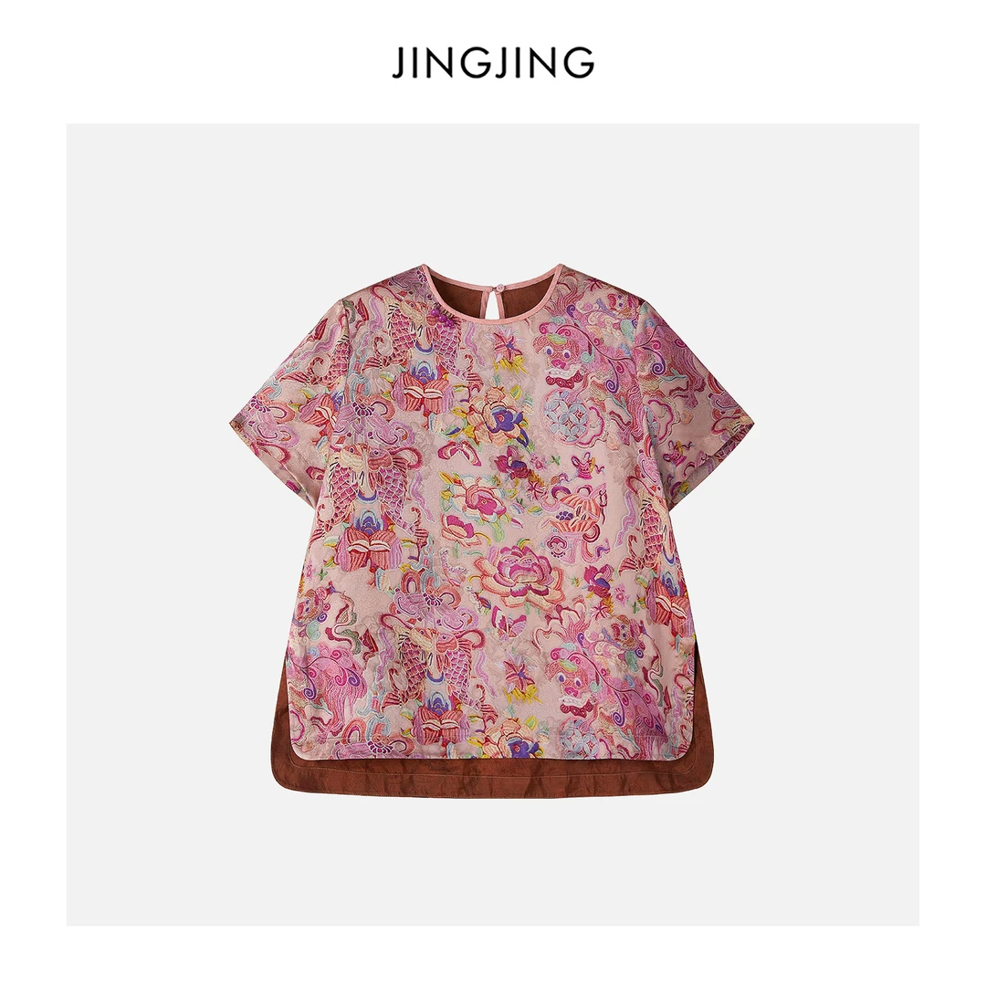 JINGJING2025新款“闻花落短袖”进口人丝香云纱鲤鱼莲花轻薄上衣