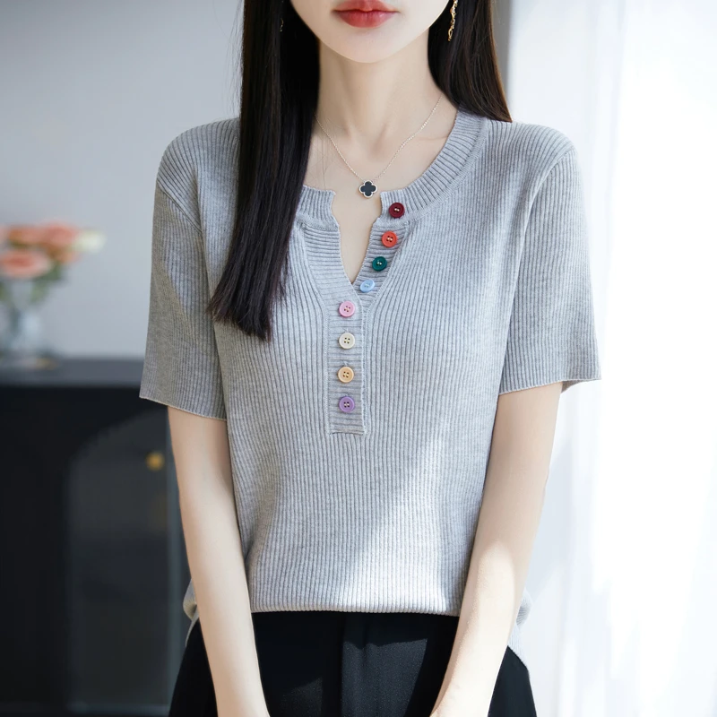 品牌彩扣坑条短袖显瘦时尚百搭宽松v领纯色薄款夏季洋气气质