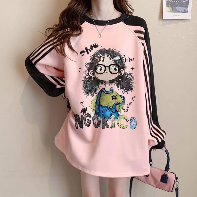卡通三条杆设计感卫衣女秋冬爆款韩版宽松慵懒风大码减龄长袖上衣