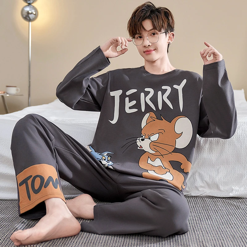 睡衣男士春秋冬季长袖纯棉青少年学生大码长裤薄款男款家居服套装
