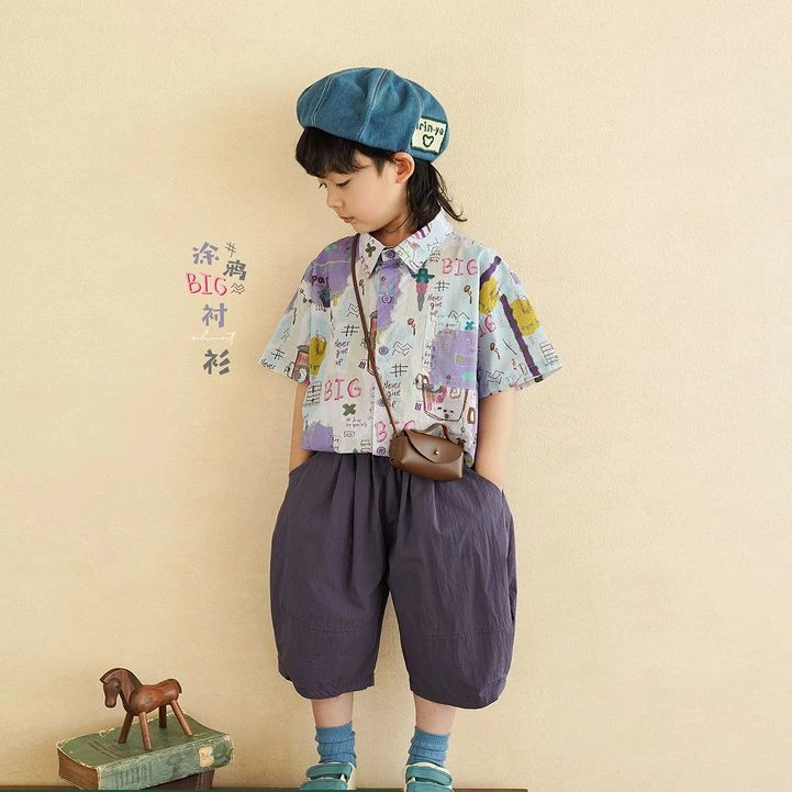 砚台家男童涂鸦短袖衬衫2025夏季新款宝宝纯棉花衬衣儿童韩版上衣