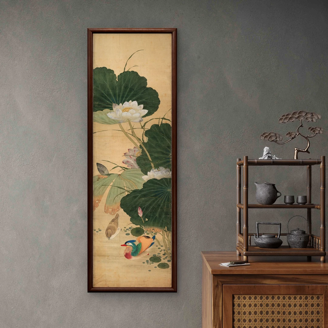 9863-40*120花鸟复古4中式装饰画实木玄关书房茶室客厅挂画