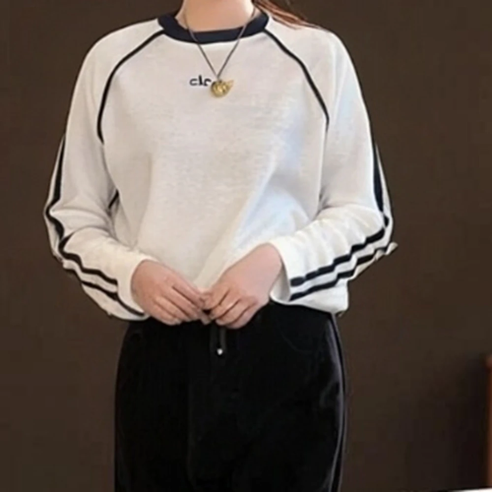 新款字母撞色圆领长袖休闲百搭宽松T恤C6061