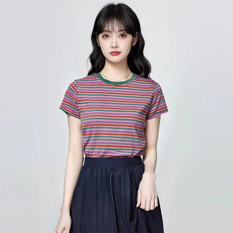 彩色条纹短袖t恤女洋气小衫圆领夏装2025新款夏季宽松正肩上衣服