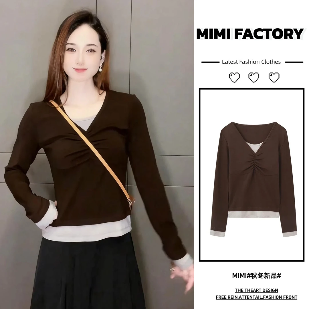 【现货】2025长袖打底褶皱拼接假两件女长袖修身显瘦百搭上衣5957#