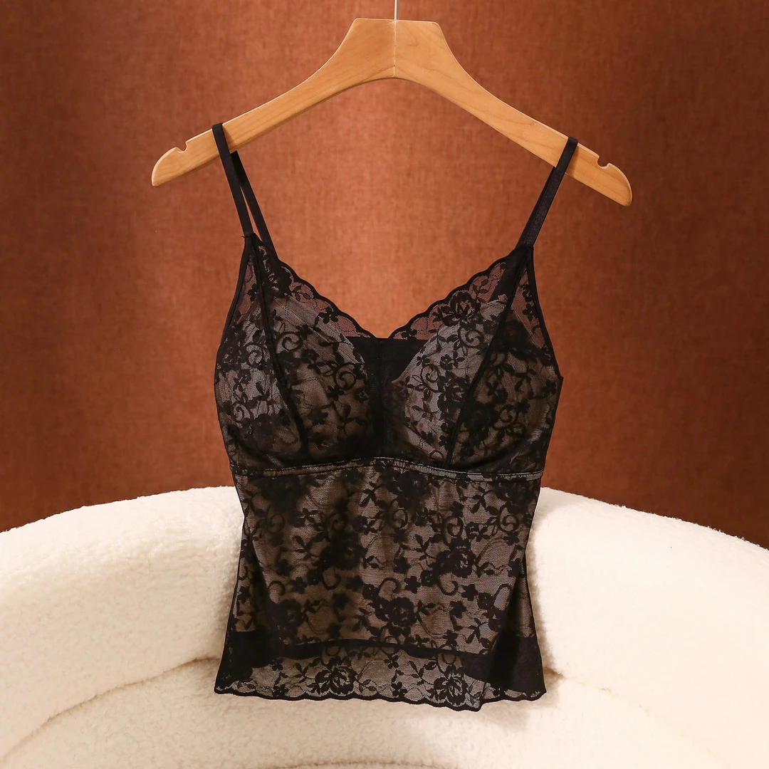 法式黑色性感蕾丝吊带女带胸垫美背背心文胸一体秋冬内衣抹胸上衣