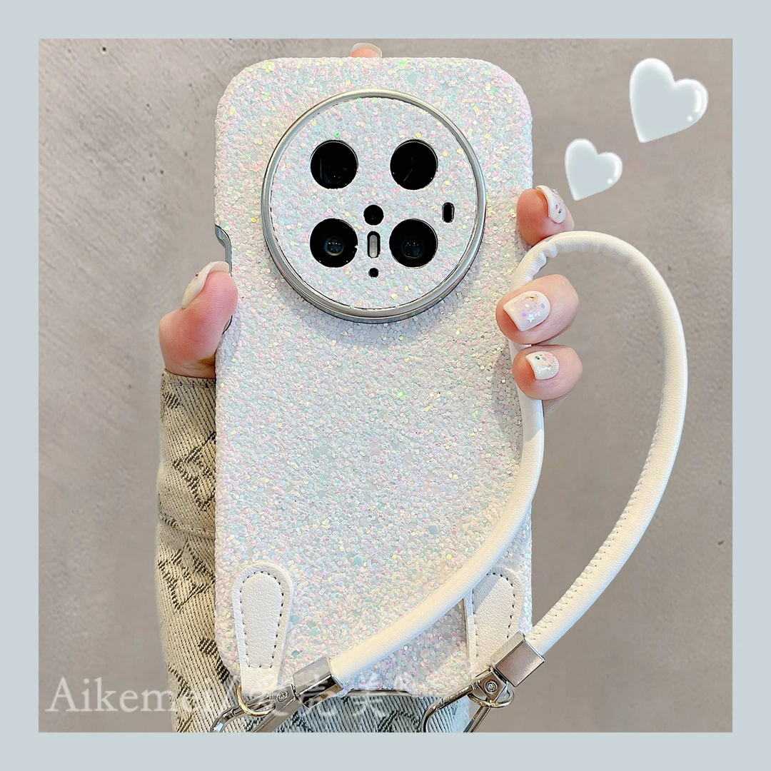 适用华为mate70pro+手机壳皮质大视窗Mate60pro+亮片闪粉手绳腕带