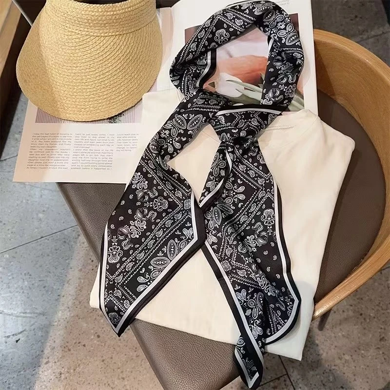 【菲凡】长条小丝巾夏季黑色搭配衬衫飘带丝带腰带薄围巾