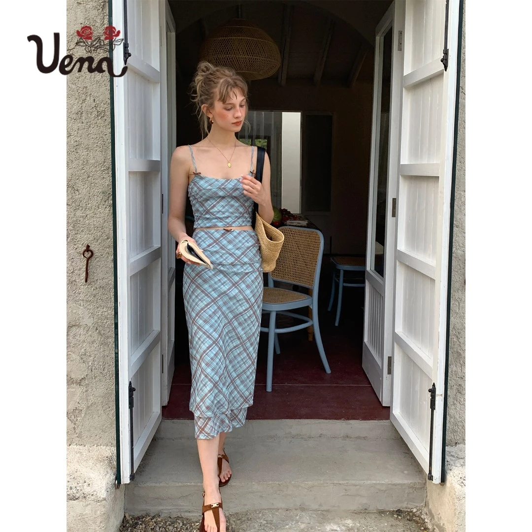 【盛夏信笺】Uena美式复古格纹网纱吊带背心腰部抽褶半身长裙套装