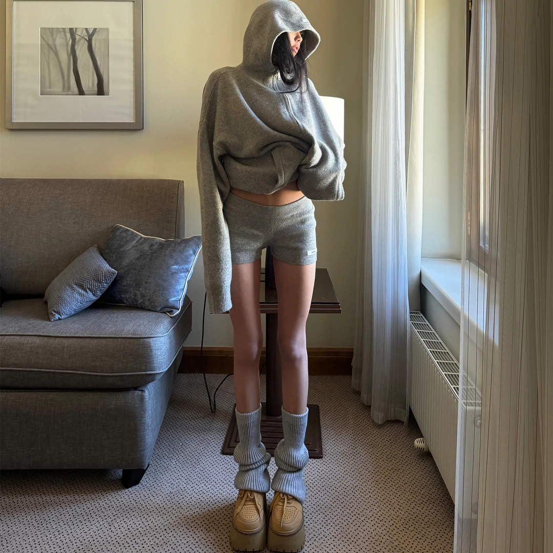 韩好甜WARDEN EDGE 灰色连帽毛衣女秋宽松显瘦慵懒风针织开衫外套