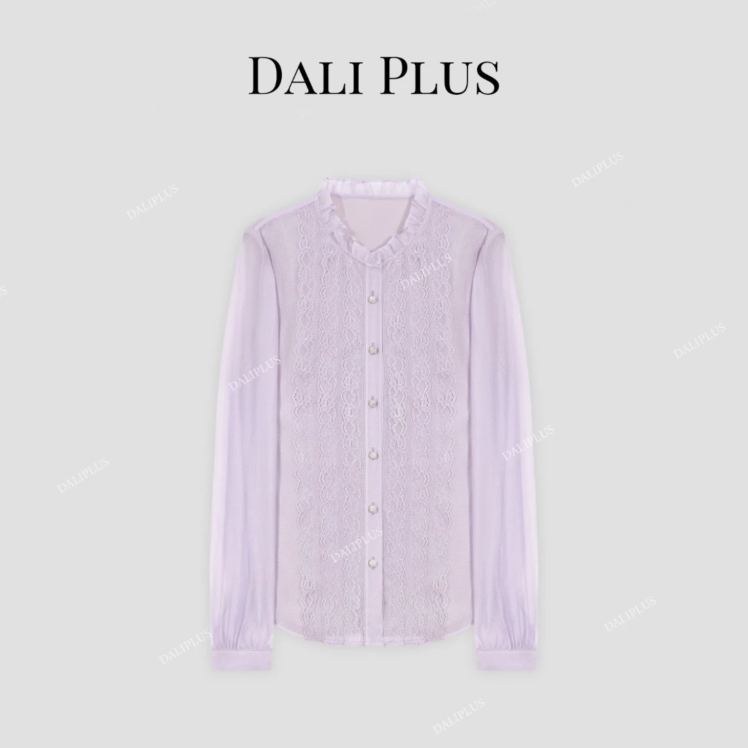 DALI PLUS罗兰紫浪漫优雅气质精致蕾丝木耳立领长袖衬衫-D4ST0305