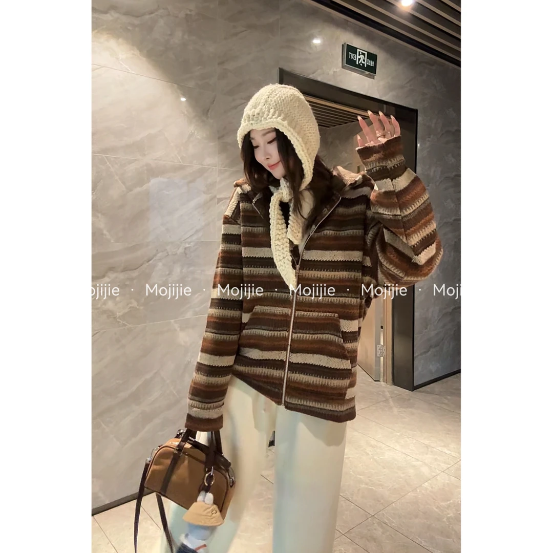 墨迹姐高个子微胖“条纹拉链”加绒加厚带帽保暖设计感秋冬卫衣外套