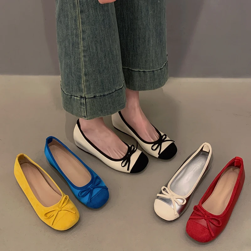 贾不假单鞋女2025春季新款网红复古时尚蝴蝶结浅口韩系平底豆豆鞋