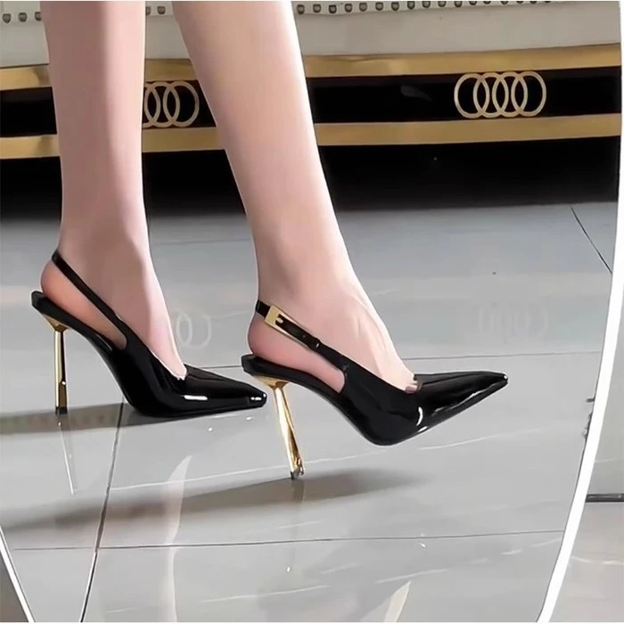 2025年新款黑色高跟鞋细跟小方头一字带漆皮女鞋性感气质包头单鞋
