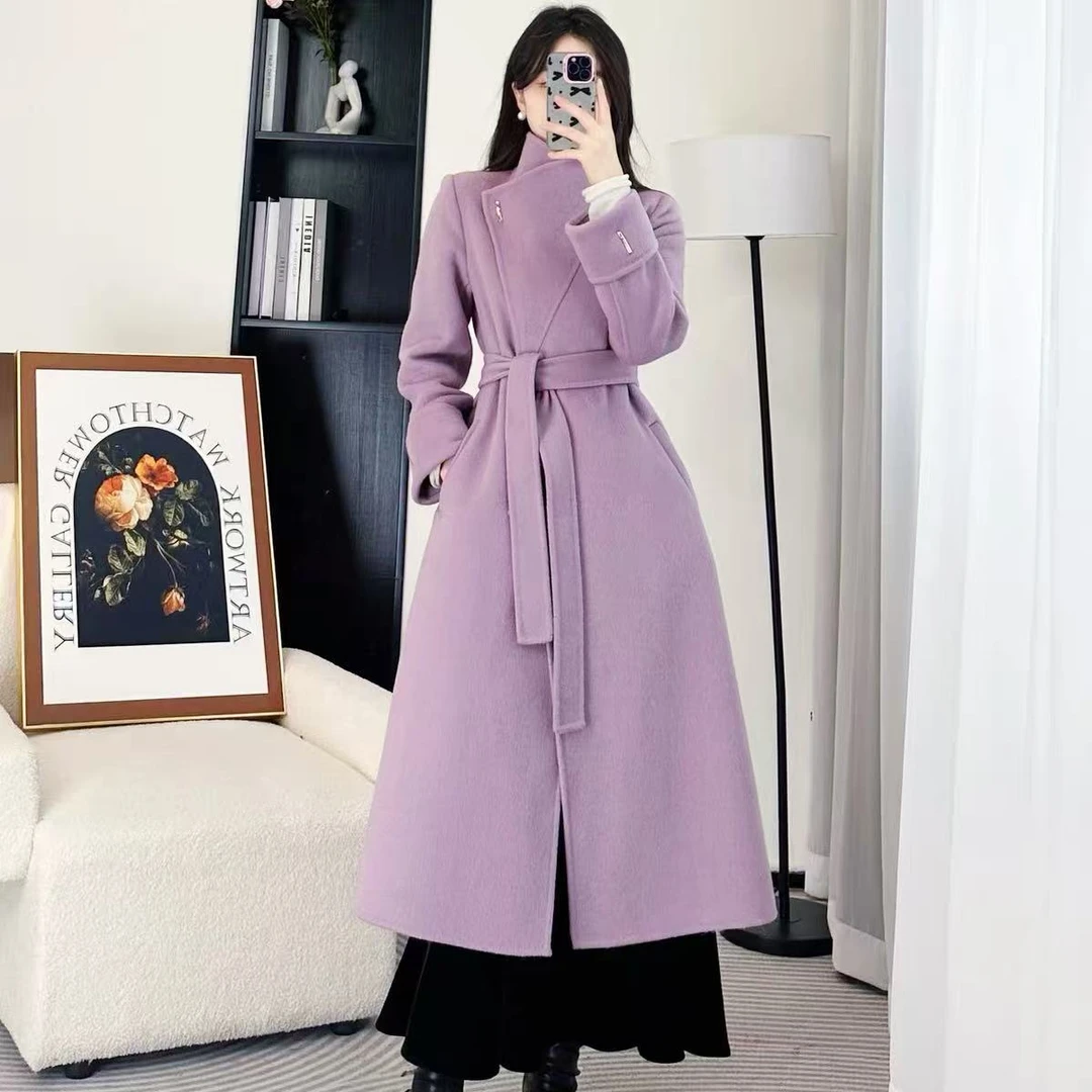 〈纪朵研〉1484紫色正肩立领系带毛呢外套高级感呢子大衣