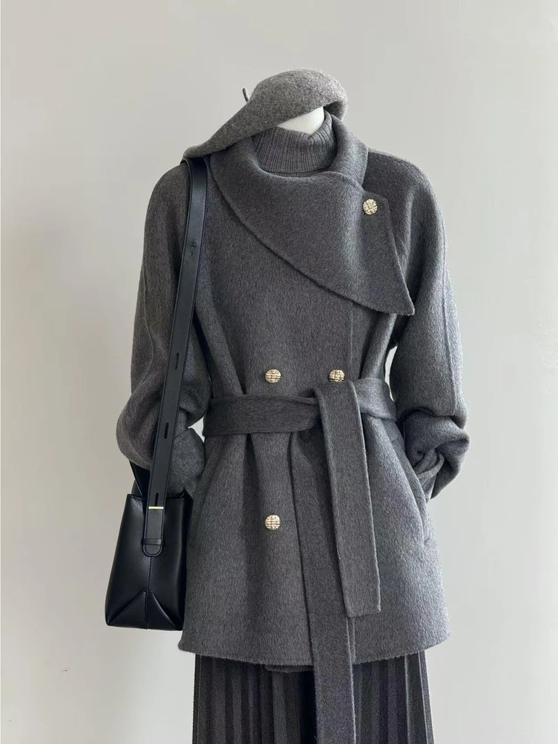 短款宽松型中长款街头风毛呢外套气质宽松网红时尚韩版秋冬百搭