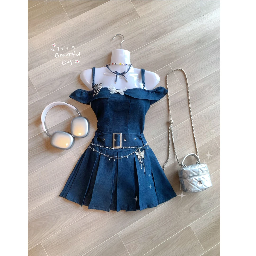 【破价秒发】法式复古牛仔吊带连衣裙子女收腰高级感一字肩短裙套装