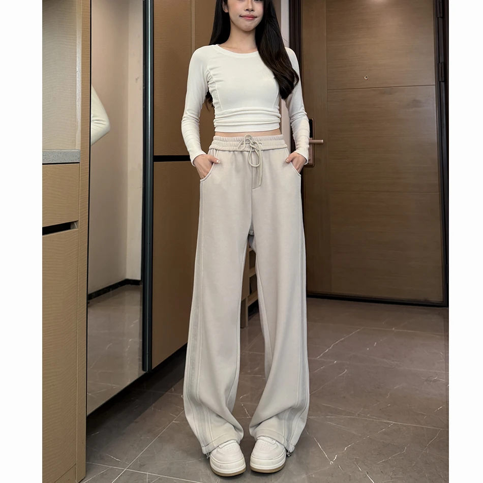 秋冬直筒高腰卫裤水洗复古宽松阔腿裤显瘦百搭休闲裤男女卫裤子