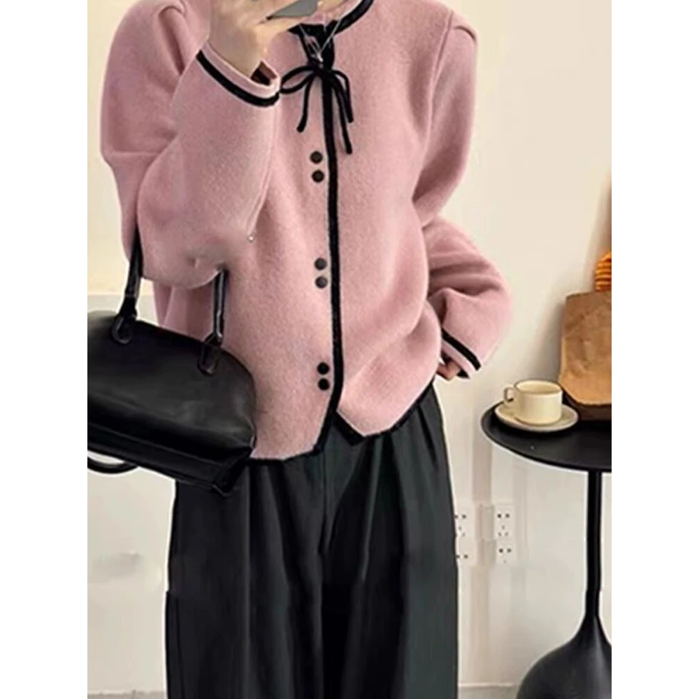 现货小香风蝴蝶结毛衣外套女秋冬季新款加厚慵懒软糯针织开衫上衣