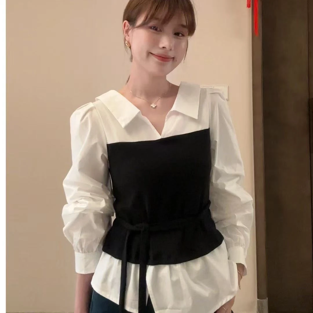 小众设计感假两件拼接长袖衬衫女早秋季新款韩系气质绑带收腰上衣