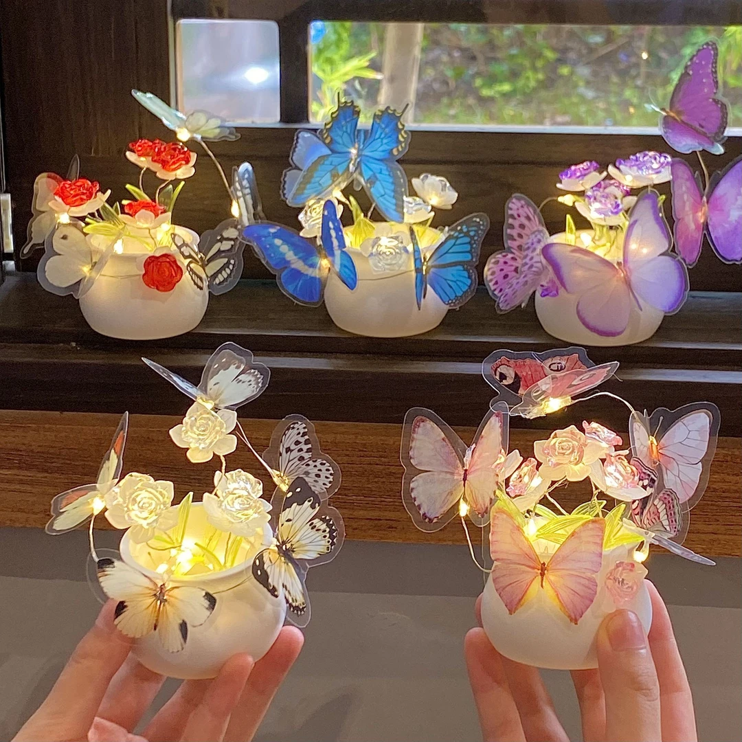 新款发光蝴蝶玫瑰盆栽教师节感谢师恩装饰氛围灯其他礼品闪光蝴蝶
