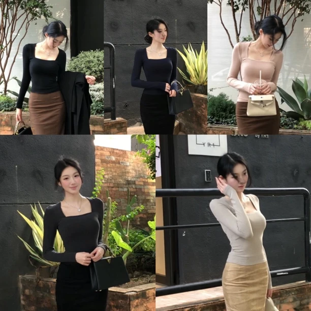 希野逸儿/2025新款显瘦方领修身内搭长袖打底衫性感纯色上衣女