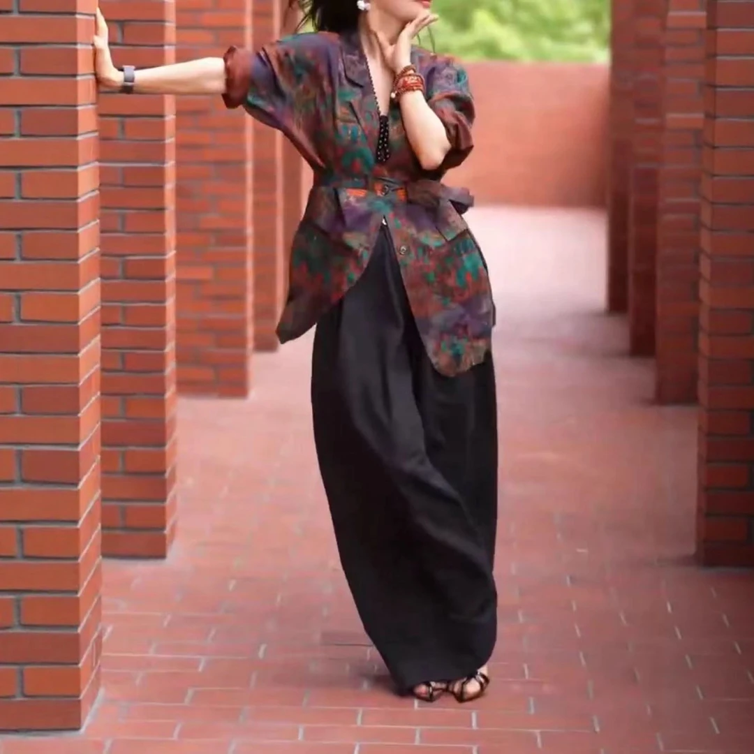 清冷贵气感穿搭套装女2025新款爆款新中式国风花色外套裤子两件套
