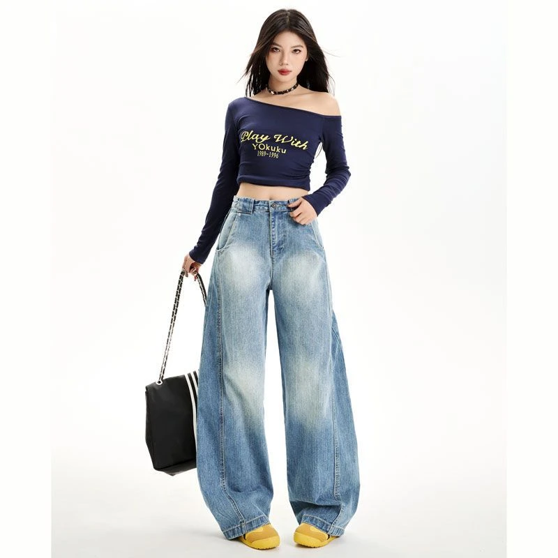 复古百搭牛仔裤女春秋宽松阔腿裤2025新款高腰显瘦弯刀萝卜老爹裤
