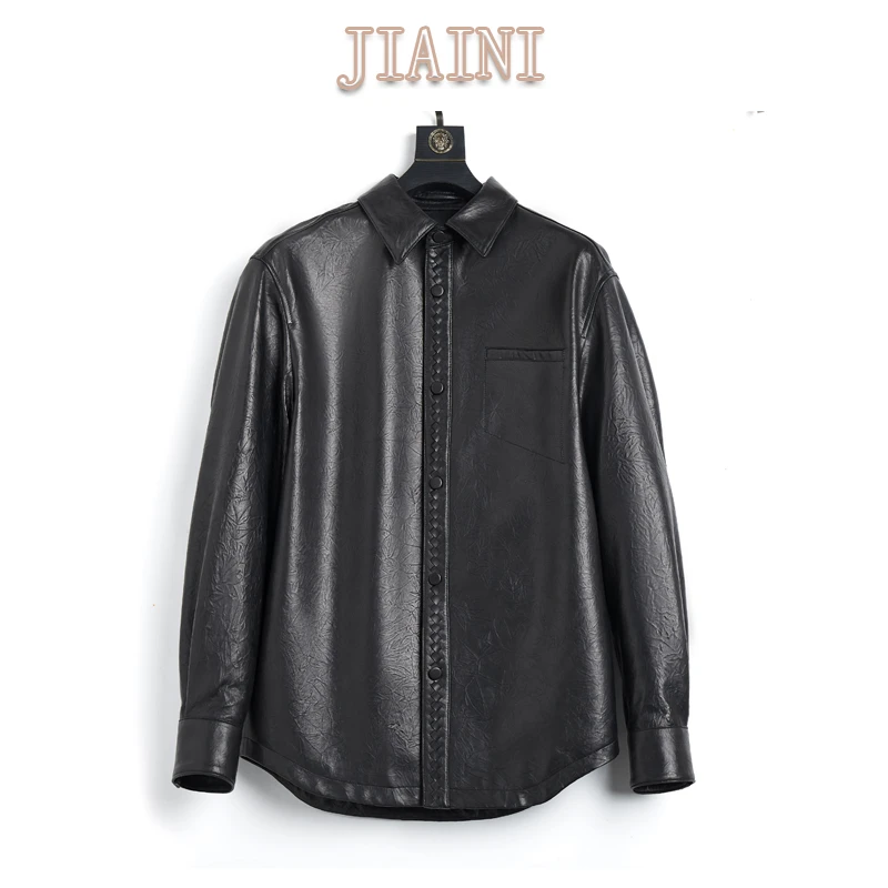 2025春秋“BV”男士商务时尚凤爪纹工艺头层真皮羊皮皮衣衬衣56002