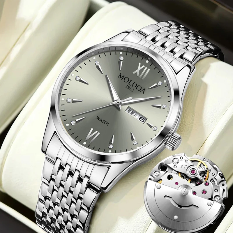 【双日历】男表全自动机芯男士手表商务防水百搭钢带全自动男表