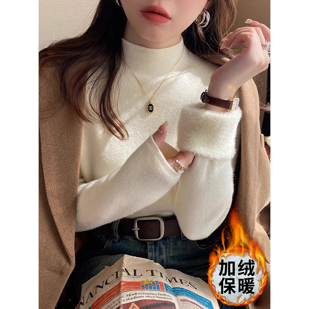 2024冬季新款加厚毛衣女打底衫一体绒半高领加绒保暖套头针织衫