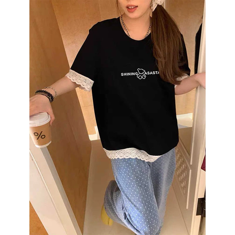 洋气蕾丝拼接别致黑色t恤女2025春夏大码设计感宽松中长款上衣潮