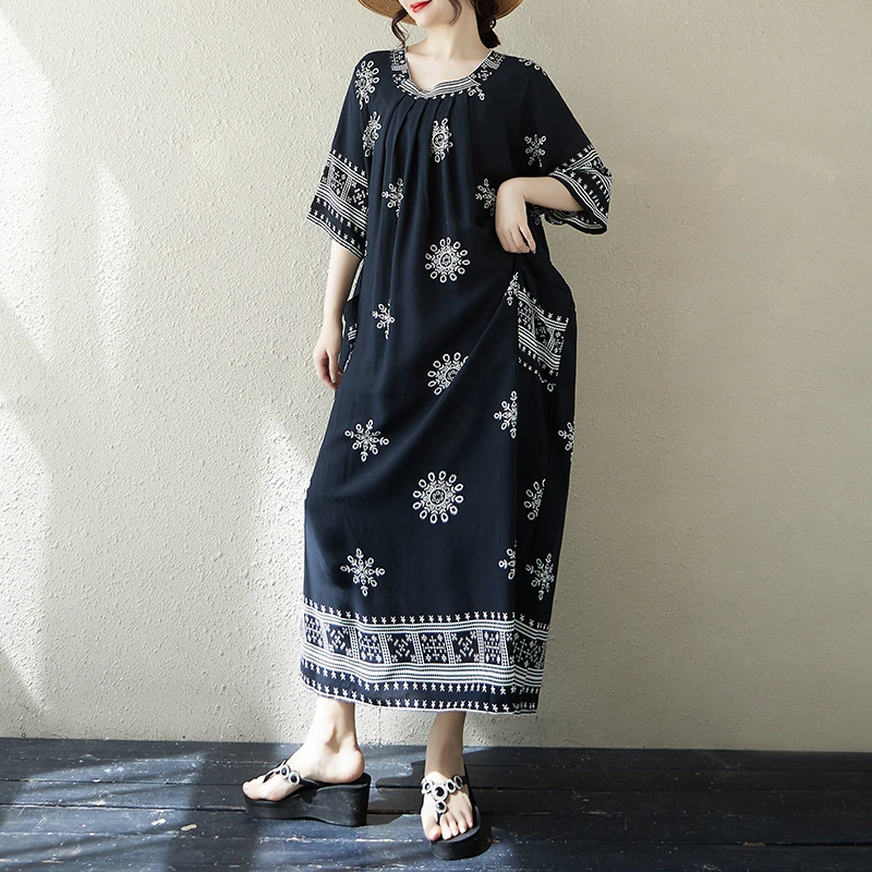 度假风小清新民族风印花长裙大码文艺复古绵绸宽松休闲遮肉连衣裙